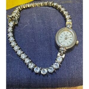 Vintage Jasco Time 1996 Quartz Watch Silver Tone CrystalTennis BraceletOval Face